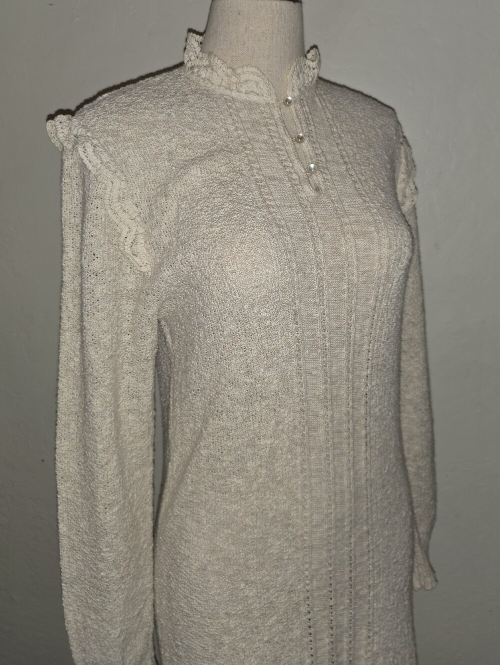 Vintage 1970s 1980s Long-Sleeve Crochet Lace Trim Knit Sweater Dress Alberoy
